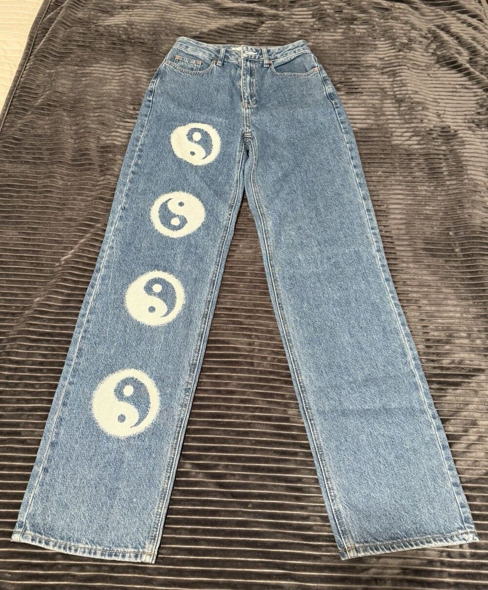 PAC Sun Yin Yang Blue Denim High Rise Straight Jeans Women's Size 26